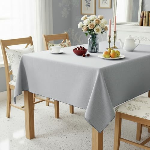 Image of Embroidered Edge Trim Rectangular Tablecloth - Water & Stain Repellent (100% Cotton) 4-8 Seater - 10 Colors - Cool Grey (150 CM X 150 CM)