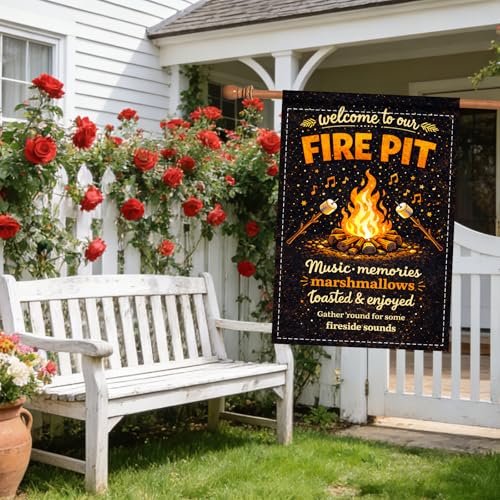 Image of Nuxovilar Camping Flag Fire Pit Garden Flag 28x40 Inches Polyester | Camping Decor Firepit Flag warm music banner campsite invite sign backyard fireside lawn (Marshmallow Note)