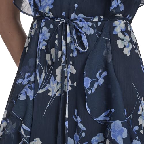 Image of Tommy Hilfiger Women's Sleeveless V-Neck Ruffle Trim Tie Waist Chiffon Mini Dress