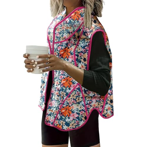 Canbebig Puffy Vest Women Lightweight Quilted Vest Button Down Cropped Jacket Casual Floral Printed Puffer Jacket Padded Coat