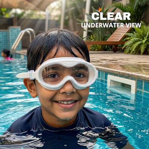 Image of BURNLAB Swimming Goggles for Kids, Clear Vision Pool Goggles for Boys & Girls, Easy Adjustable Strap (white)