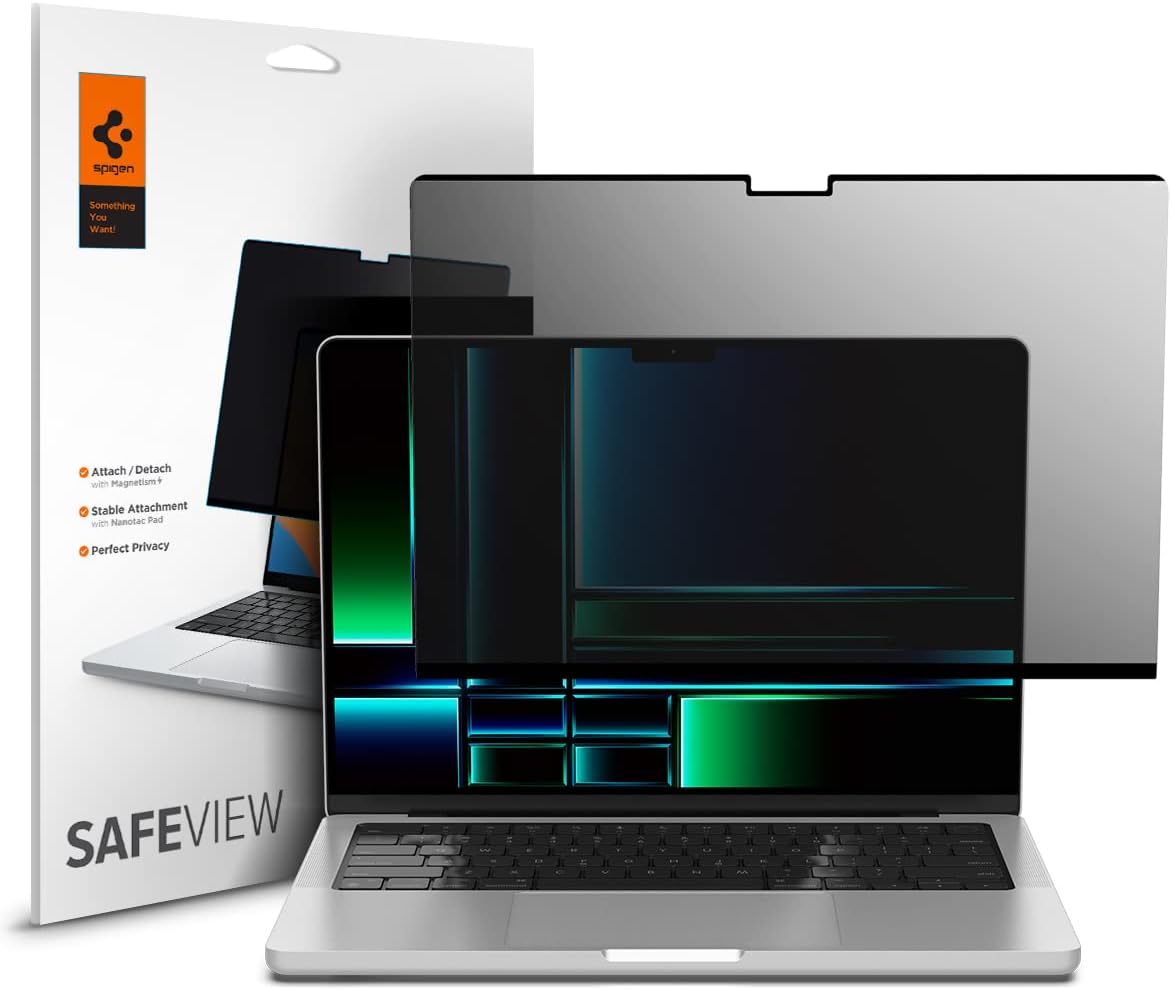 Spigen Privacy Filter Screen Protector Film [SafeView] for Macbook Pro 14 inch (M5 / M4 / M4 Pro/Max / M3 series / M2 series / M1 series) 2026-2021 [Snap on install/Removable]