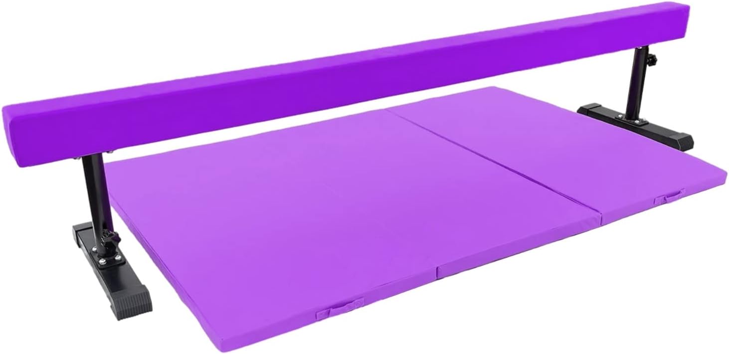 8FT Adjustable Acrobatic Tube Beam with 6FT x 4FT Gymnastics Tumble Mat for Kids/Adults, High and Low Level Suede Balance Beam Gymnastics Competition Training Beam Expandable Legs, Purple