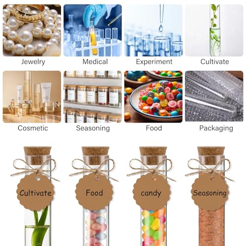Zikenis 50 Stück Reagenzglas mit Korken, Kunststoff Reagenzgläser mit Korken, mit 50 Stück Kraftpapieranhänger+50 Stück Hanfseil+2 Trichter+50 Etiketten, für Liquids Bonbons Spices Deko (150 x16 mm)