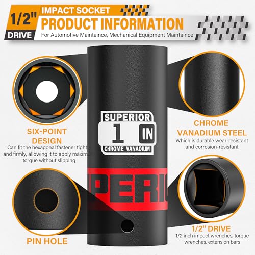 Image of 1 /2 inch Drive Impact Socket, 1 inch Deep Socket, SAE, 6 Point, CR-V, for Car Repair, Loosen the Fastening Nut