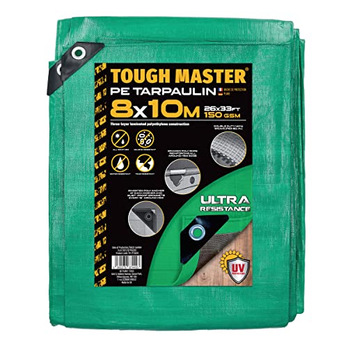 TOUGH MASTER 7 Sizes Heavy Duty Tarpaulin Waterproof Cover Tarp Ground Sheet (Green/Grey, 8 X 10M)