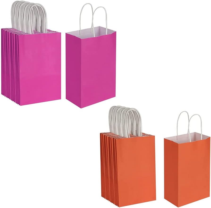 Each 50 Pack Small Fuchsia & Orange Kraft Paper Gift Bags with Handles Bulk