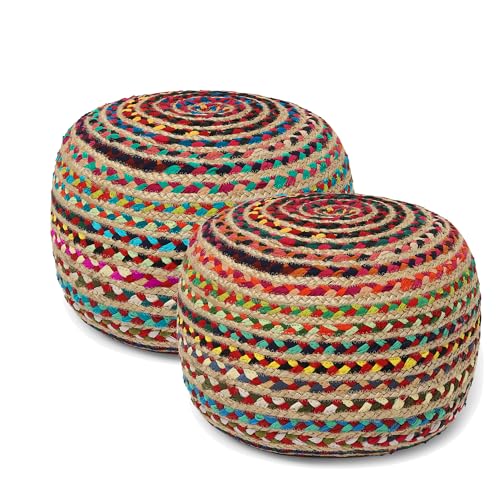REDEARTH · Round Pouf Ottoman - Braided Boho Poof Home Décor Pouffe Accent Sitting Circular Foot Rest for Living Room, Bedroom, Nursery, Lounge; Jute and Cotton Set of 2 (19.5"X19.5"X14"; Multi)