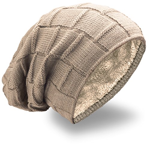 NavyBlu® Unisex langes Slouch Beanie in Grobstrick Mütze mit Teddyfleece Innenfutter beige M32 Cover