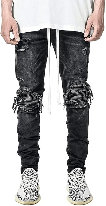 Mens Black Ripped Skinny Stretch Destroyed Distressed Fashion Denim Pants