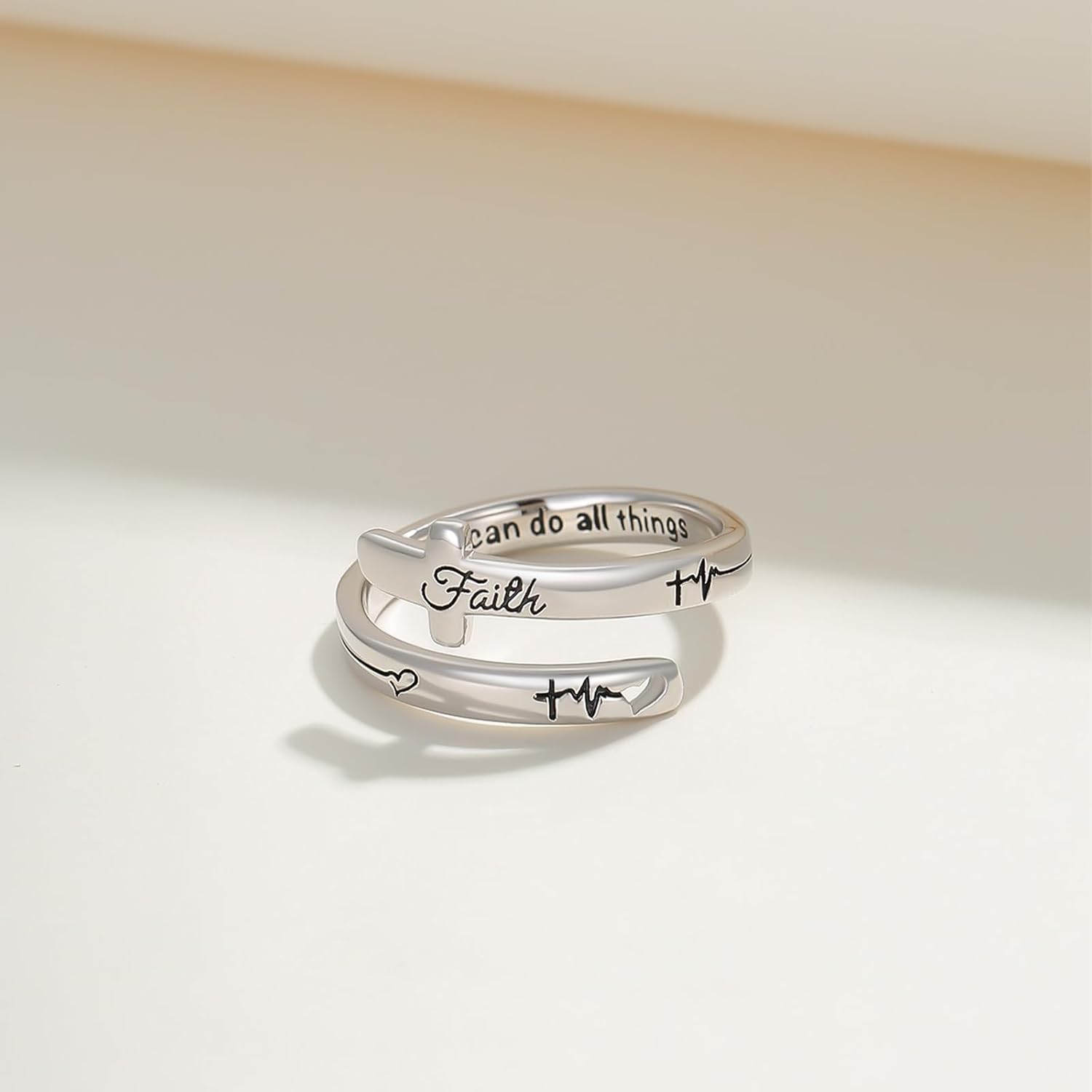 MEDWISE Sterling Silver Cross Ring for Women Christian Blessed Faith Ring Inspirational Encouragement Jewelry Statement Wrap Finger Open Adjustable Cross Heart Ring Gift for Couples