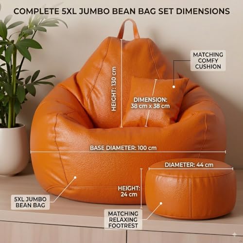 Image of KAM'S LIEU 5XL Bean Bag Combo with Footrest & Cushion | Filled with High Density EPS Beans | Comfortable Sofa for Living Room & Bedroom | 6 Months Warranty, Color- (Orange, 5XL, Classic)