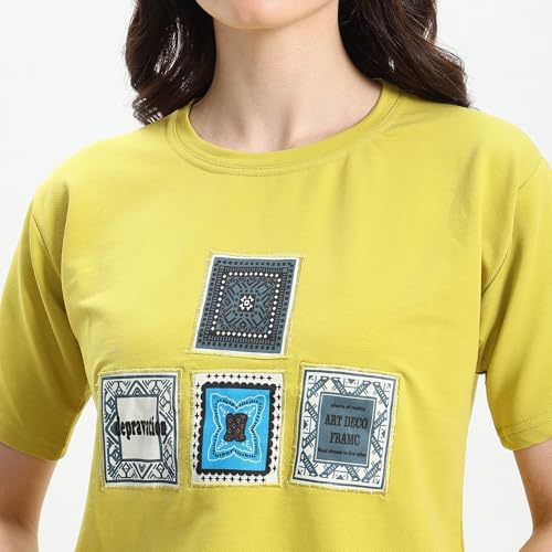 Image of Women Printed T Shirt Cotton Blend Yellow | Graphic Printed T Shirt for Women | Casual Wear Regular Fit Round Neck Half Sleeve Top for Girls