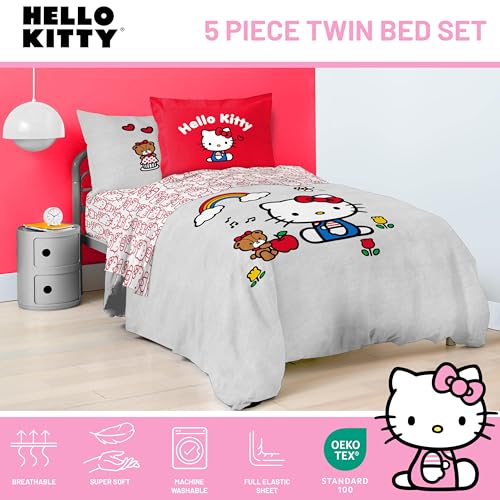 Image of Sanrio Hello Kitty Twin Comforter Set 5 Piece Bedding for Girls, Grey | Bed in a Bag, Comforter Sheets Sham Pillowcase, Official Product, Soft Microfiber, Machine Washable, Easy Care, Girls Gift