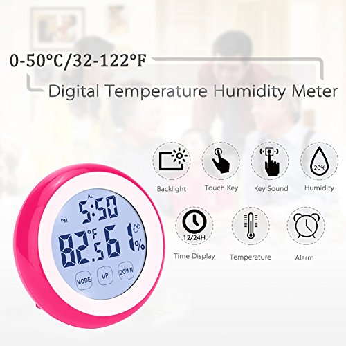 Lafeina Digital Thermometer Hygrometer Clock, Temperature Humidity Monitor Alarm Clock Touch Screen With Backlight Magnetic Back For Home Office Baby Room (Hot Pink) #TOP1