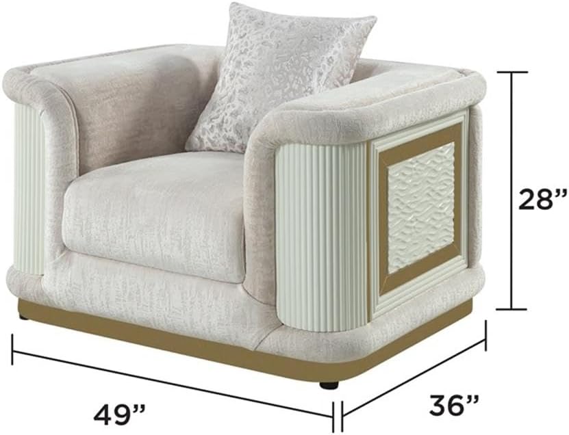 Pemberly Row 3 Piece Living Room Set, Cream Microfiber Upholstery, Sofa Loveseat Chair with Gold Stainless Steel Accents, Diamond Texture, Acacia Wood MDF Frame, Plush Foam Cushions, Contemporary