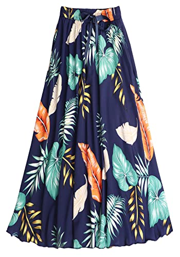 La Mejor Recopilación de Faldas para Mujer los mejores 5. 49 Coolwife - Faldas de cintura alta para mujer, con bolsillos, cintura elástica, acampanada, bohemio, estampado floral, Plam Azul Marino, One Size