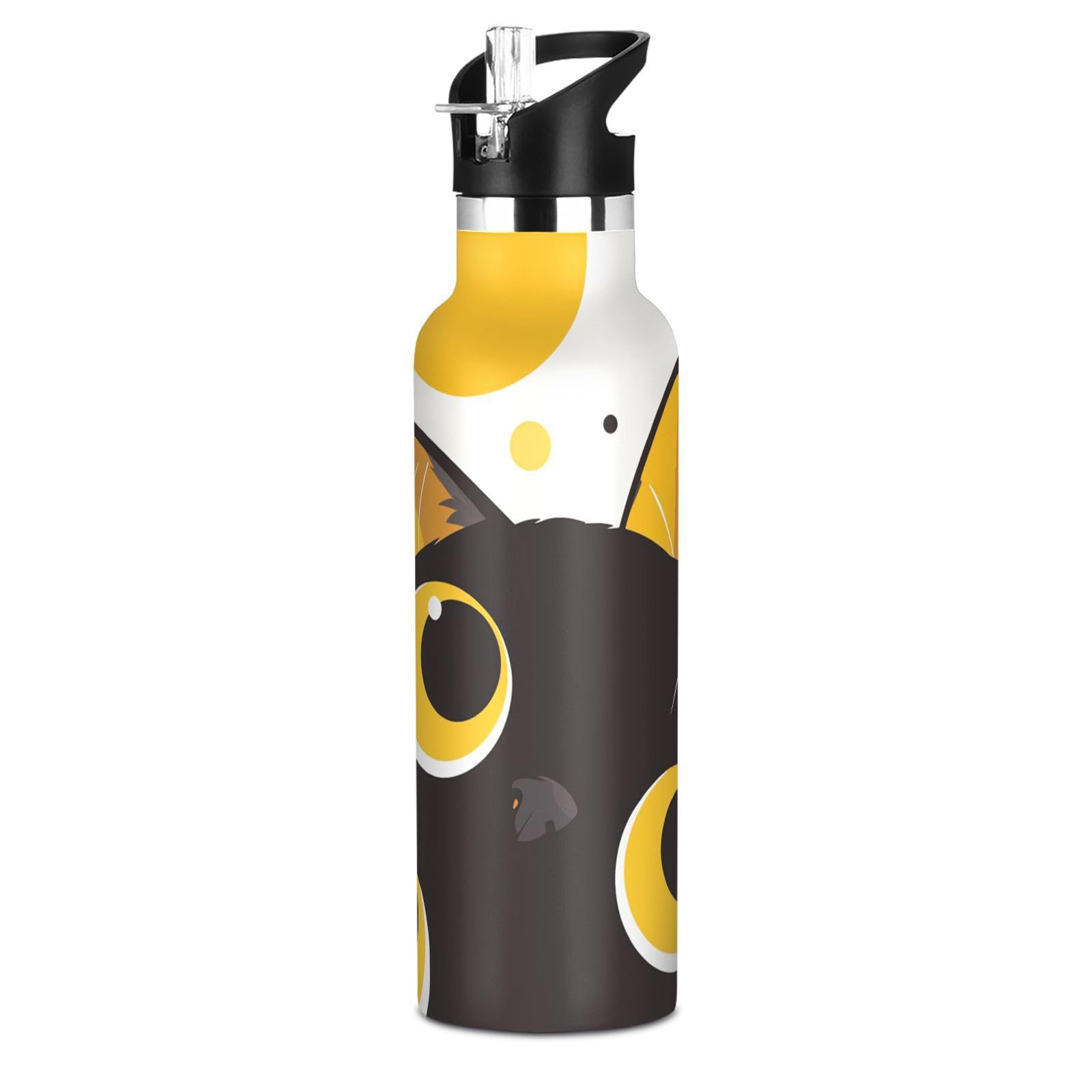Kaaviyo Boys Pattern Black Cat Staring Yellow Eyes Water Bottle Stainless Steel Jug Insulated Vacuum Cup For Girls(600Ml)