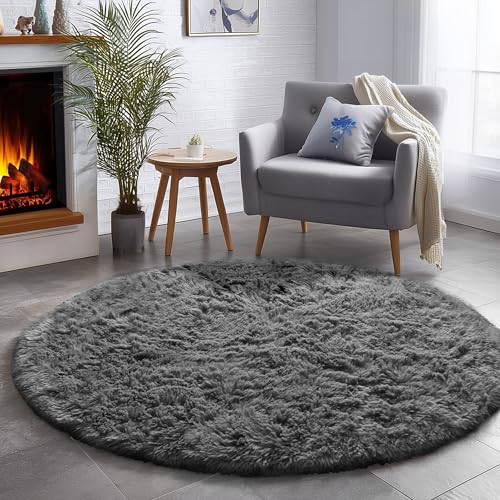 Gray Round Rug for Bedroom,Fluffy Circle Rug 4'X4' for Kids Room,Furry Carpet for Teen's Room,Shaggy Circular Rug for Nursery Room,Fuzzy Plush Rug for Dorm,Grey Carpet,Cute Room Decor for Baby