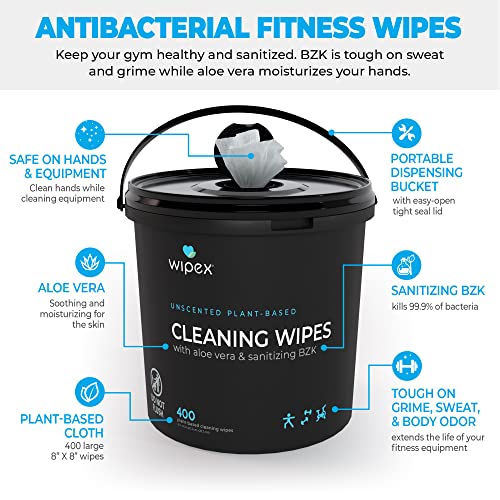 Wipex Gym Wipes & Fitness Cleaning Wipes, 400ct Dispensing Bucket with Sanitizing BZK Antiseptic Great for Yoga, Peloton, Weight Machines and Equipment (2pk, 800 Wipes) - Thumbnail 3