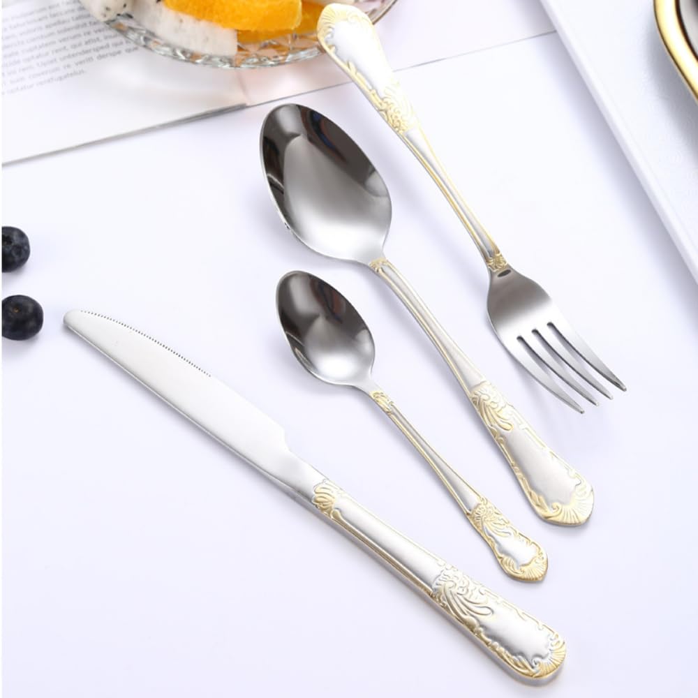 16 Pezzi Placcati In Titanio Fiori Incisi Cucina Acciaio Inossidabile Argenteria Posate Posate Coltelli Forchette Cucchiai Set Per 4 Persone, Hotel Casa Coltello Da Bistecca Cucchiaio Da Dessert (UN)