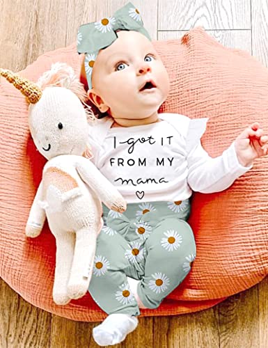 Baby Girl Clothes 3-6 Months Printed I Got It From My Mama White Ruffle Long-Sleeve Top + Pants + Headband + Hat 3-6 Month Girl Clothes #TOP1