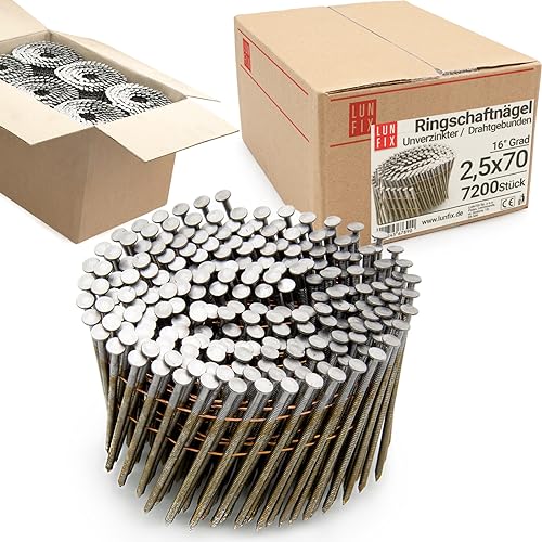 7200pcs Clous en rouleau 16° 2,5 x 70mm acier non galvanisé tige annelée, reliés fil pour...