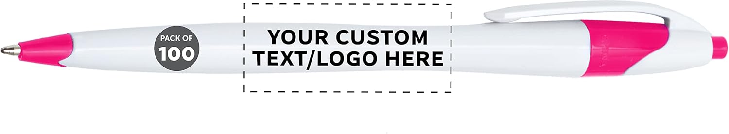 DISCOUNT PROMOS Custom Slim Curvy Ballpoint Pens Set of 100, Personalized Bulk Pack - Black Ink, Retractable, Great for Office, School, Tradeshows - Pink