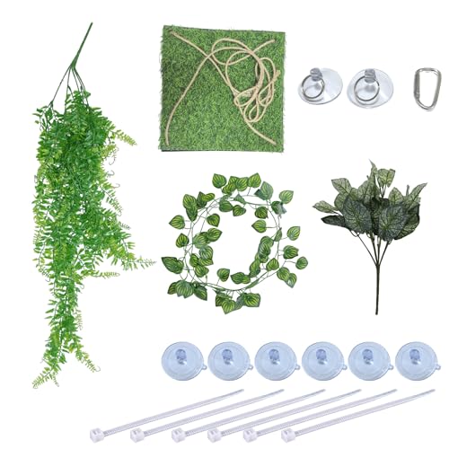 LANCARE 4 en 1 Plantas Colgantes y Hamaca para Reptiles – Decoración de Terrario para Reptiles con Lianas Flexibles y Ventosas – Ideal para Lagartijas, Camaleones, Geckos, Tortugas (Verde)