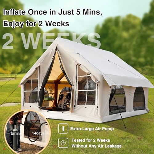 Image of KNUO Inflatable Camping Tent, Large Blow-Up Air Tent, No Assembly Needed Luxury Glamping House, Oxford Fabric