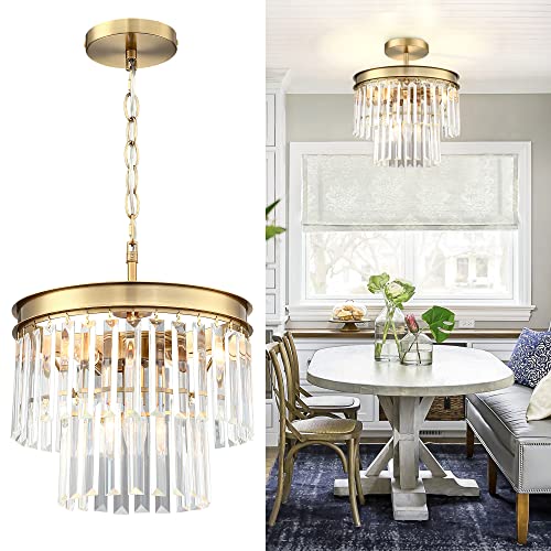 MEXO Crystal Chandelier Lighting Fixture Gold Finish 2-Tier Hanging Pendant Ceiling Lights for Living Room Bedroom Dinning Room Hallway