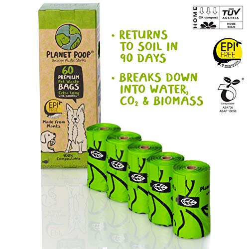 PLANET POOP Home Compostable Dog Poop Bags Extra-Long with Handles 60 Un-Scented Pet Waste Bags Plastic Free, Thick Leakproof Plant-Based Doggy Bag, Cats & Dogs Pet Supplies