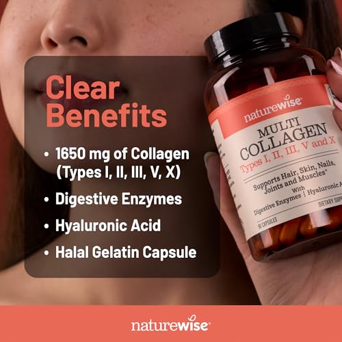 Image of NatureWise Multi Collagen Peptides Pills for Women & Men - Type I, II, III, V, X w /Hyaluronic Acid - Supports Skin, Hair, Joint Health* - Grass Fed, Gluten Free, Non-GMO - 90 Capsules[30 Day Supply]