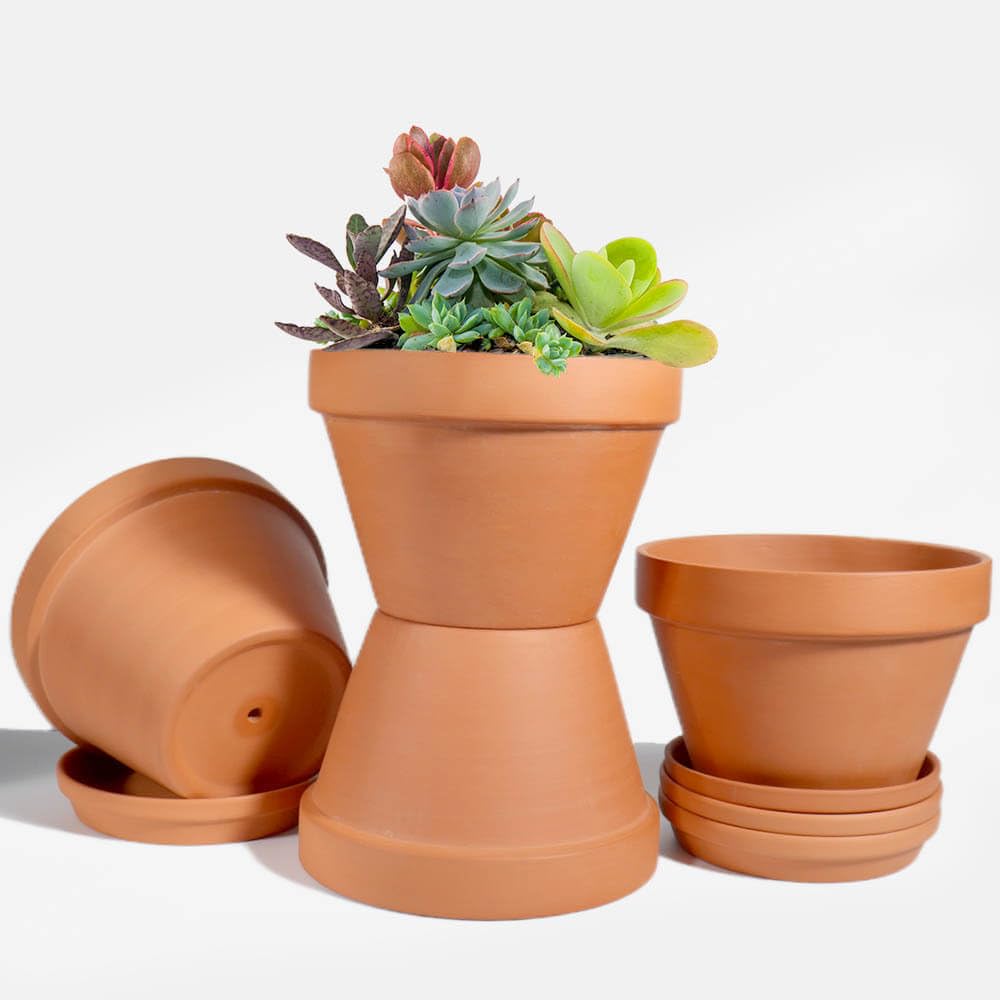 vensovo Tontopf für Pflanzen mit Untersetzer, 20,3 cm, 4 Stück, großer Terrakotta-Blumentopf mit Drainageloch, Pflanzgefäße aus Ton, Terrakotta-Topf für Innen- und Außenbereich