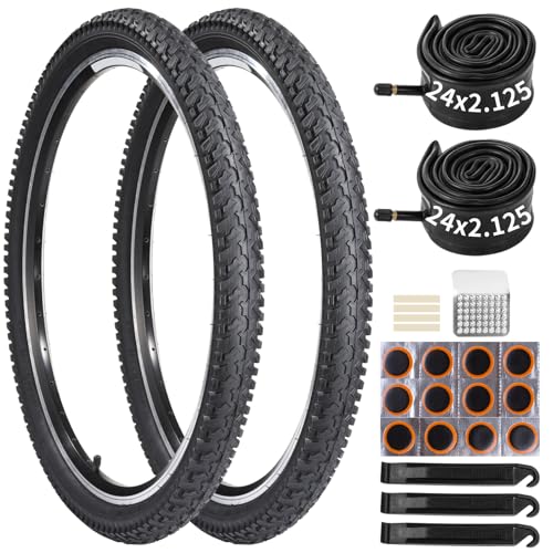 yeesport 2 Pack 24 x 2.125 Bike Tire and Tube Set, 24 Inch Mountain Bike Tire with Repair Kit, Foldable 24 Inch Bicycle Tires for MTB BMX Riding, Replacement 24in Bike Tire for Trail Road Use