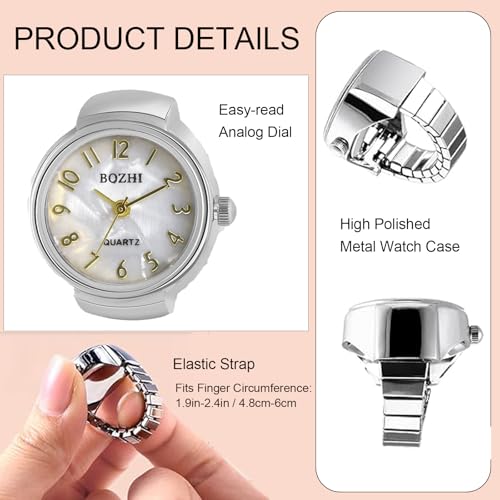 Image of JewelryWe Finger Watch for Women - Stretchy Elastic Band Round Simple Dial Quartz Ring Watches for Daily and Office