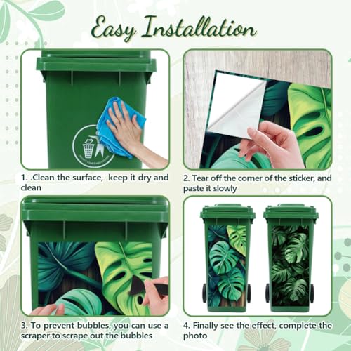 Image of Peacoblue Wheelie Bin Stickers 2 Sheets Monstera Leaves Sticky Dustbin Stickers Decals, 15 inch x 32 inch Waterproof Large Wraps for Trash Cans Bins Fridges Door Wall Garden Outdoor Indoor Patio Decor