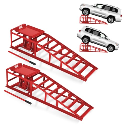 GarveeTech Hydraulic Car Ramps 2-Pack, 11000Lbs Low Profile Portable Car Lift Ramp for Oil Change & Garage Repair, Heavy Duty Steel Ramps for Trucks/Low Cars (Red) (red, 5 ton)