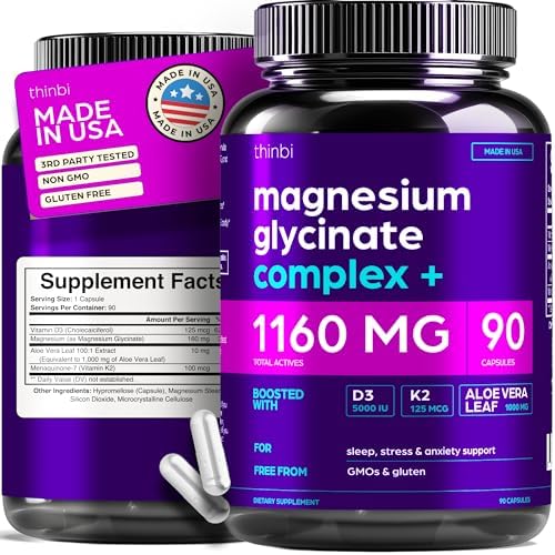 Magnesium Glycinate 1160mg + Aloe Vera, D3 & K2 Complex 90 Capsul...