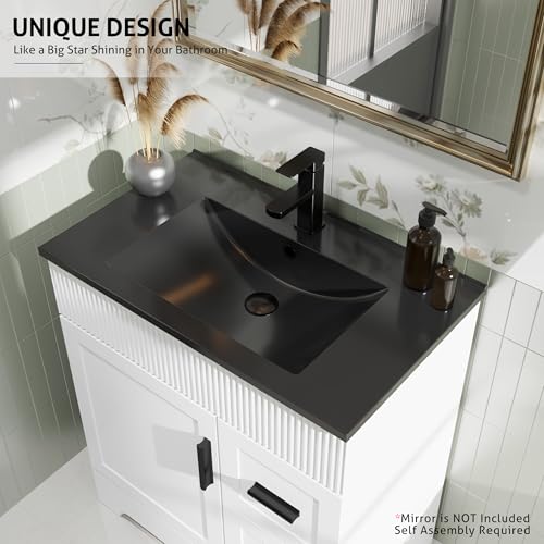 Image of eclife 30 inch Bathroom Vanities Sink Combo with Painted Surface, Modern Drawered Cabinet W /Decorative Wave Lines, Undermount Single Black Sink, Matte Black Faucet Drain, White