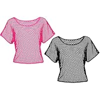 TYXHXTF 2 Stück Netzshirt für Damen, Kurzarm Netzoberteil 80er 90er Jahre Outfit, Neon T-Shirt für Festival und Karneval, Einheitsgröße