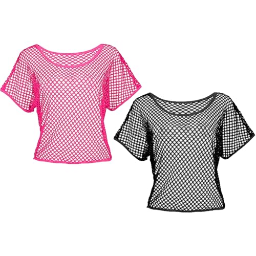 TYXHXTF 2 Pièces Haut en Résille Fluo, T-Shirt Resille Néon, Deguisement Annee 80 Femme Accessoire, pour Disco Carnaval Fête, Taille Unique