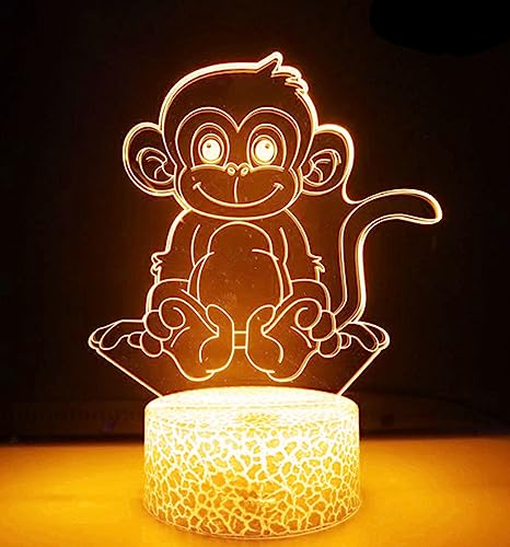 Image of 3D Monkey Night Light Lamp Illusion 7 Color Changing Touch Table Desk Decoration Lamps Acrylic Flat ABS Base USB Cable Birthday Gift Toys