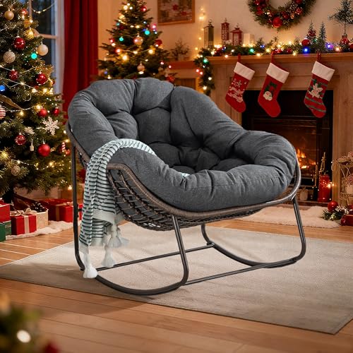 LIFEISLE Schaukelstuhl Schaukelsessel mit Rattan, Loungesessel drinnen...