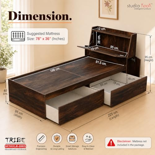 Image of Studio Kook Tribe Right Single Bed with Headboard Storage & 2 Drawers | Engineered Wood Bed | Fits 78 x 36 inch Mattress | Junglewood | Mattress Not Included