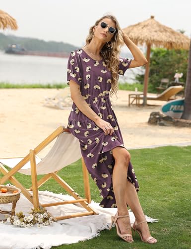 Image of YESNO Women Casual Loose Bohemian Floral Dress with Pockets Short Sleeve Long Maxi Summer Beach Swing Dress EJF