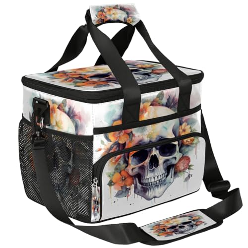 Skull Flower Insulated Picnic Backpack Lunch Box for Women Men Picnic Basket Tote Lunch Bag Picnic Bag Portable Lunch Bags for Picnic, Beach, Work, Trip,Office, Camp Sugar Skull Flowers