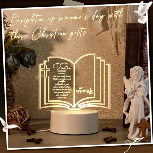 Image of Pastor Appreciation Gift Engraved Thank Clergy Sayings Acrylic Night LED Light with Base Christian Inspirational Desk Decor Gift for Dad Mom Church Baptism Jesus Church Favors