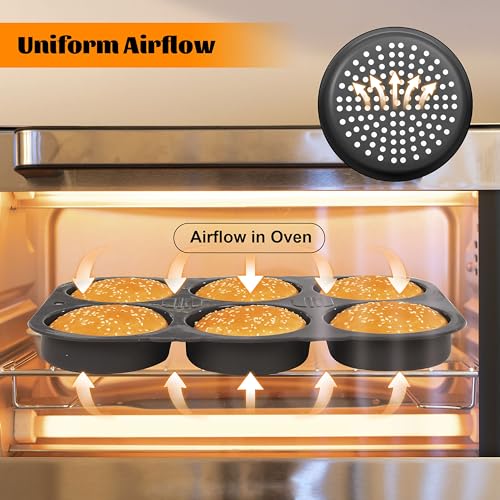 Hamburger Bun Pan, Non-Stick Silicone - Oven-Safe, Vented 6-Cavity Baking Mold, Dishwasher Safe with Basting Brush