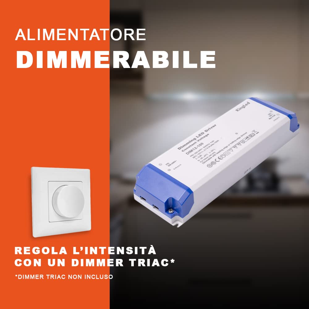 Kingled - Alimentatore 100W DC 12V 8.3A per Strisce Led - Trasformatore Dimmerabile - DIMM12-100 TRIAC